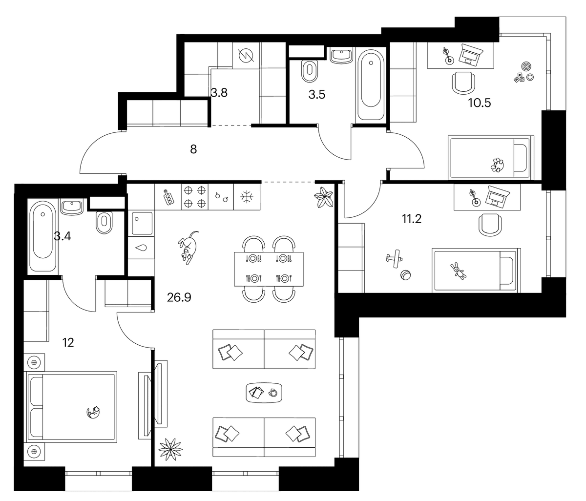 Планировка трёхкомнатная 79.3 м² в ЖК «Строгино 360», корпус 1.1.4