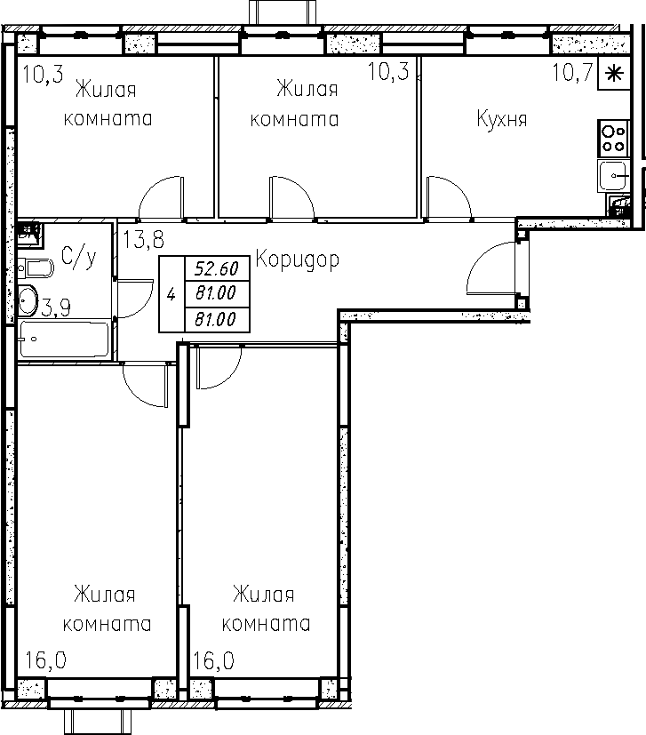 Планировка четырёхкомнатная 81 м² в ЖК «Ступино», корпус 1