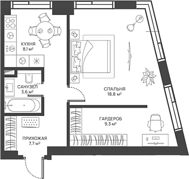 Планировка однокомнатная 47.5 м² в ЖК «СВЕТ», корпус 1