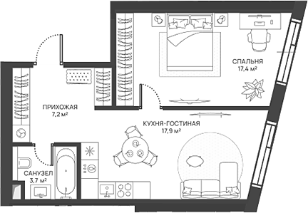 Планировка евродвушка (2Е) 46.2 м² в ЖК «СВЕТ», корпус 1