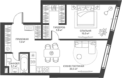 Планировка евродвушка (2Е) 51.1 м² в ЖК «СВЕТ», корпус 1