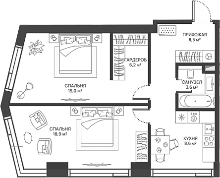 Планировка двухкомнатная 60.8 м² в ЖК «СВЕТ», корпус 1