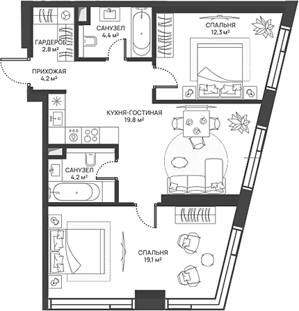 Планировка евротрёшка (3Е) 66.8 м² в ЖК «СВЕТ», корпус 1