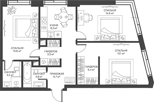Планировка трёхкомнатная 73.6 м² в ЖК «СВЕТ», корпус 1