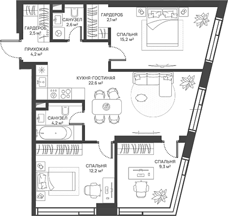 Планировка евро-4 (4Е) 74.9 м² в ЖК «СВЕТ», корпус 1