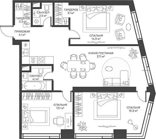 Планировка евро-4 (4Е) 86.1 м² в ЖК «СВЕТ», корпус 1