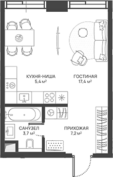 Планировка Студии 33.7 м² в ЖК «СВЕТ», корпус 1