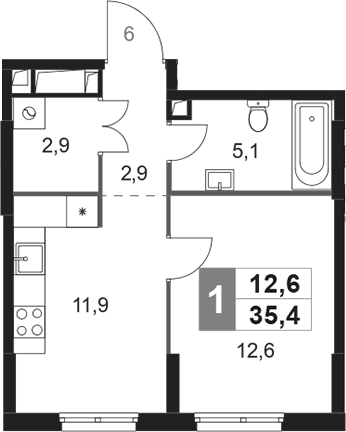 Планировка однокомнатная 35.4 м² в ЖК «Сидней Сити», корпус 6.2