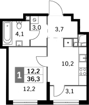 Планировка однокомнатная 36.3 м² в ЖК «Сидней Сити», корпус 6.1
