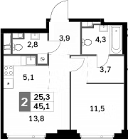 Планировка евродвушка (2Е) 45.1 м² в ЖК «Сидней Сити», корпус 6.3