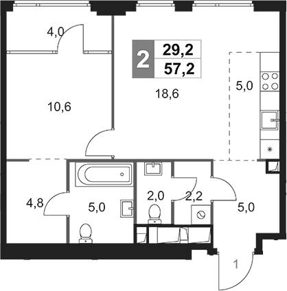 Планировка евродвушка (2Е) 57.2 м² в ЖК «Сидней Сити», корпус 6.3