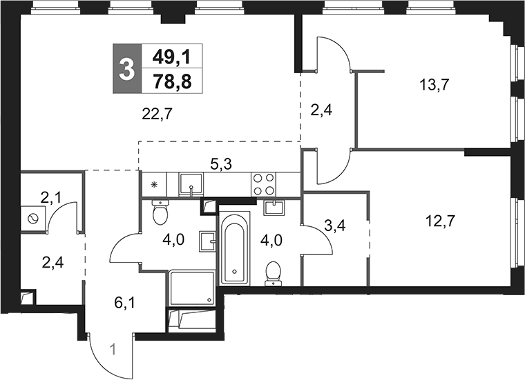 Планировка евротрёшка (3Е) 78.8 м² в ЖК «Сидней Сити», корпус 6.1