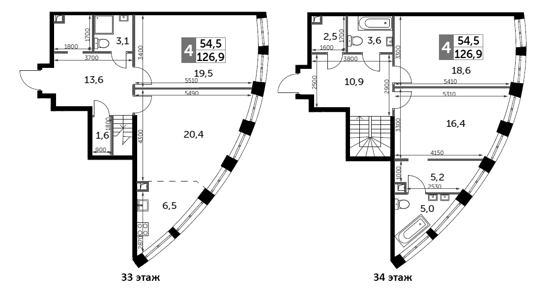 Планировка евро-4 (4Е) 126.9 м² в ЖК «Сидней Сити», корпус 2.2