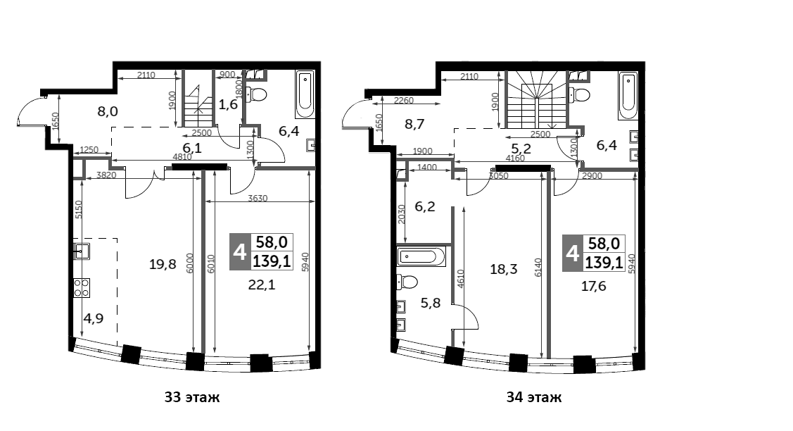 Планировка евро-4 (4Е) 139.1 м² в ЖК «Сидней Сити», корпус 2.2