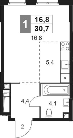 Планировка Студии 30.7 м² в ЖК «Сидней Сити», корпус 6.2