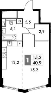 Планировка Студии 40.9 м² в ЖК «Сидней Сити», корпус 5.1