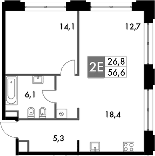 Планировка евродвушка (2Е) 58.4 м² в ЖК «Сидней Прайм», корпус 3.1