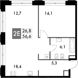 Планировка евродвушка (2Е) 58.6 м² в ЖК «Сидней Прайм», корпус 3.1