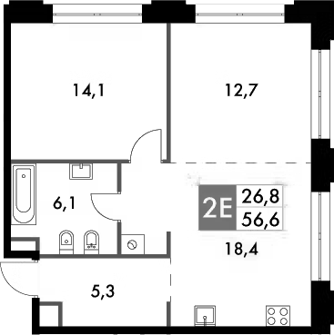 Планировка евродвушка (2Е) 58 м² в ЖК «Сидней Прайм», корпус 3.1