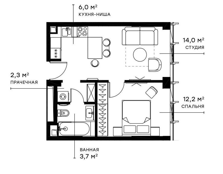 Планировка евродвушка (2Е) 38.2 м² в ЖК «Симфония 34», корпус Сиена