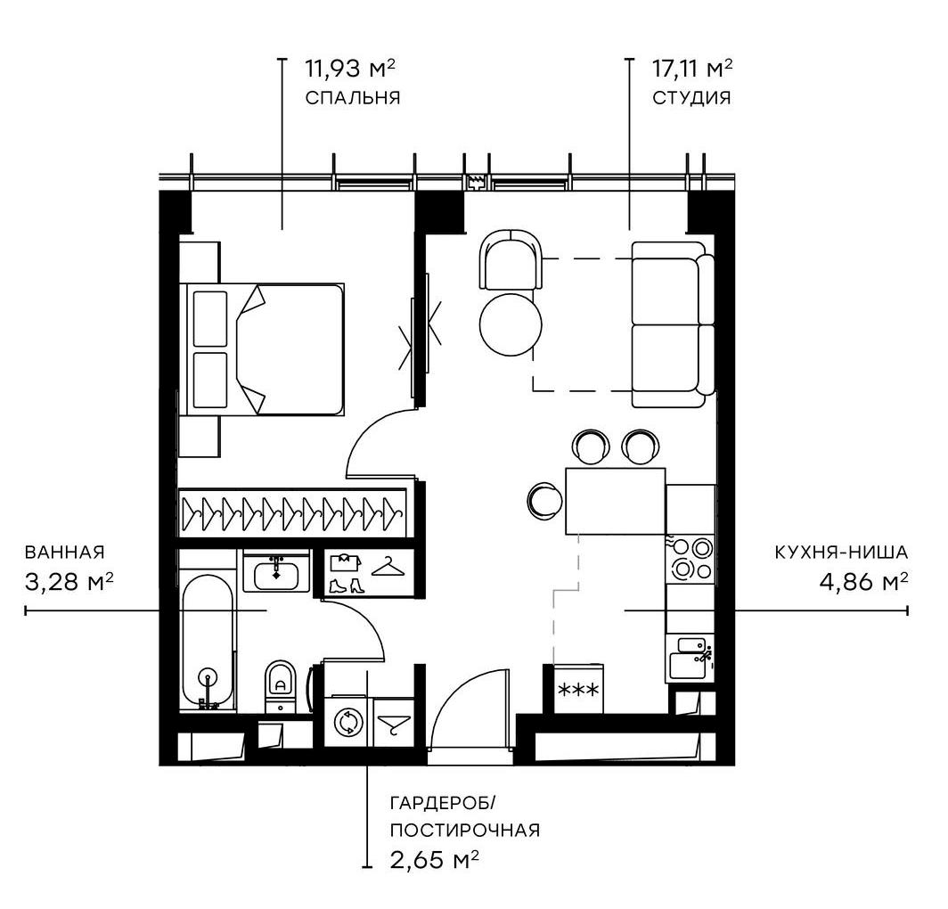 Планировка евродвушка (2Е) 39.83 м² в ЖК «Симфония 34», корпус Сильвер