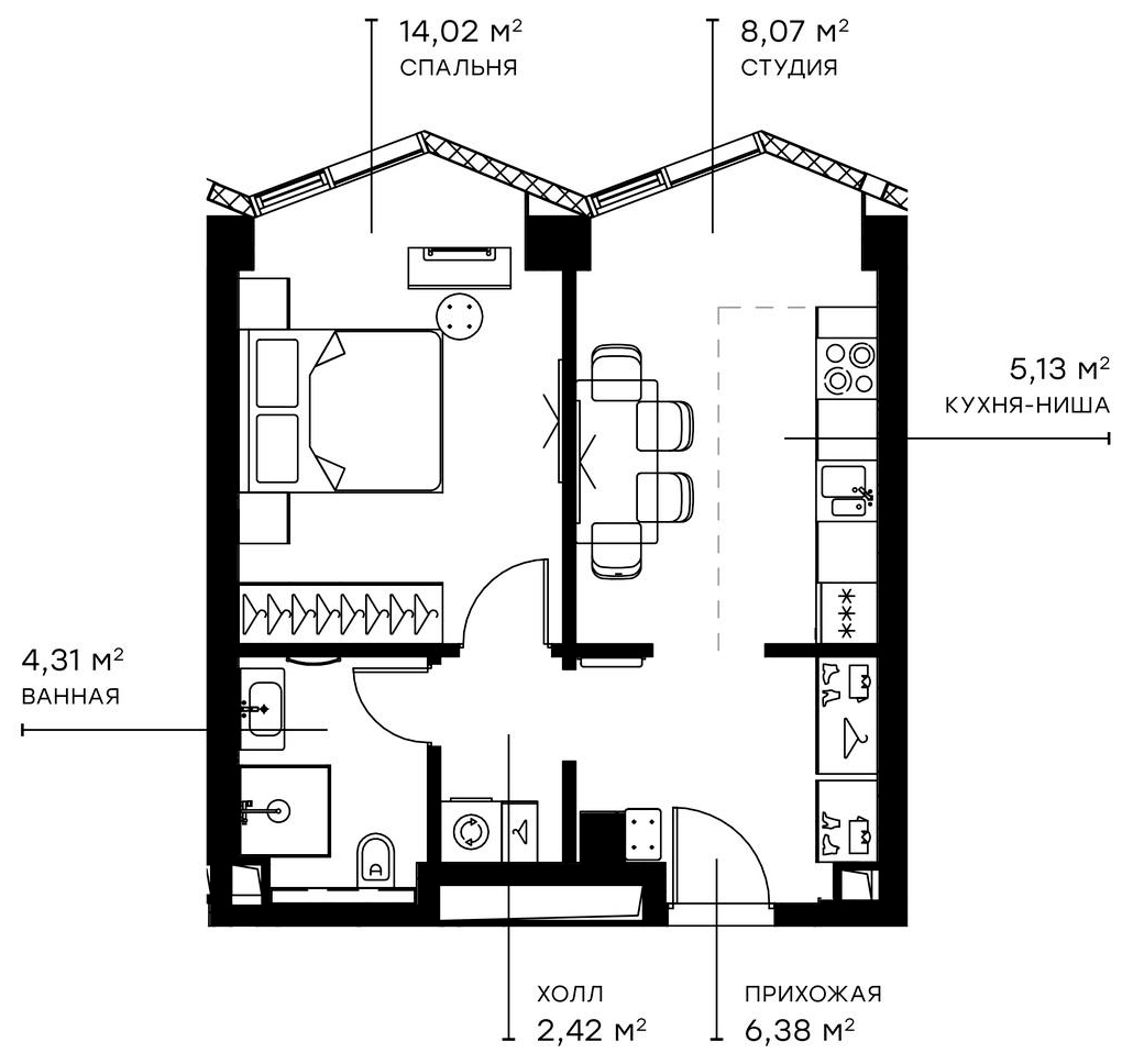 Планировка евродвушка (2Е) 40.33 м² в ЖК «Симфония 34», корпус Кристалл