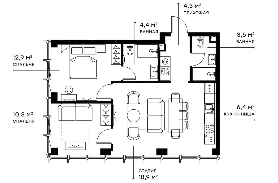 Планировка евротрёшка (3Е) 60.7 м² в ЖК «Симфония 34», корпус Сиена