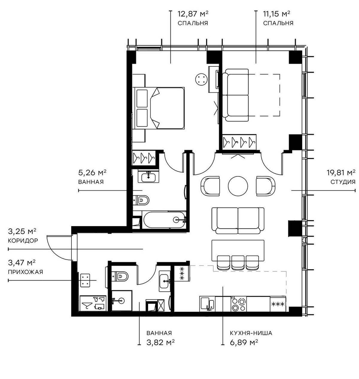 Планировка евротрёшка (3Е) 66.59 м² в ЖК «Симфония 34», корпус Сильвер