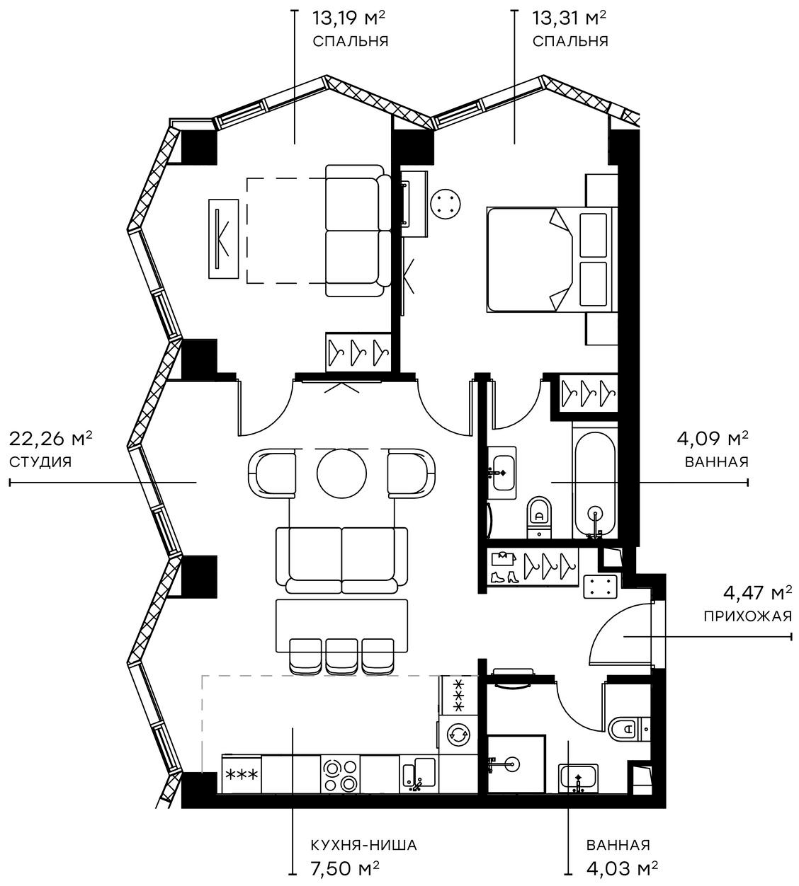Планировка евротрёшка (3Е) 68.85 м² в ЖК «Симфония 34», корпус Кристалл