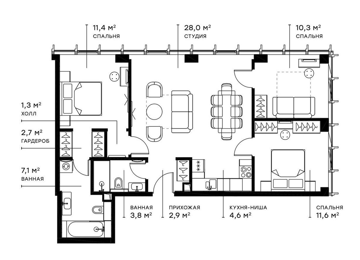 Планировка евро-4 (4Е) 83.5 м² в ЖК «Симфония 34», корпус Сиена