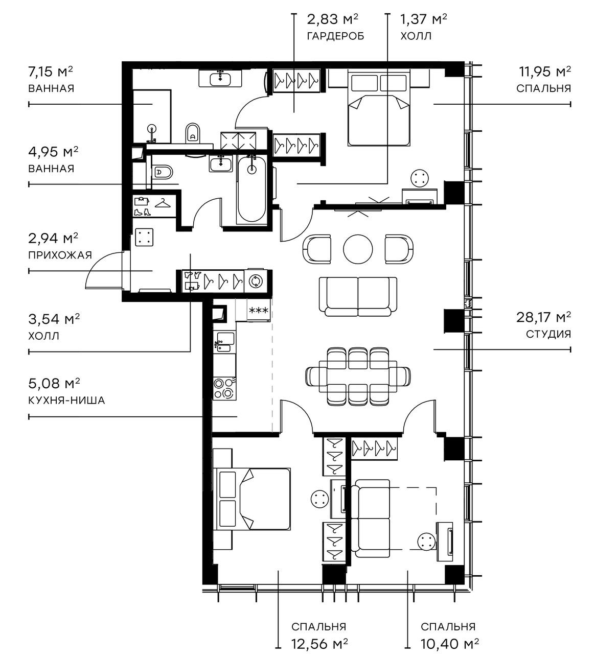 Планировка евро-4 (4Е) 90.93 м² в ЖК «Симфония 34», корпус Сильвер