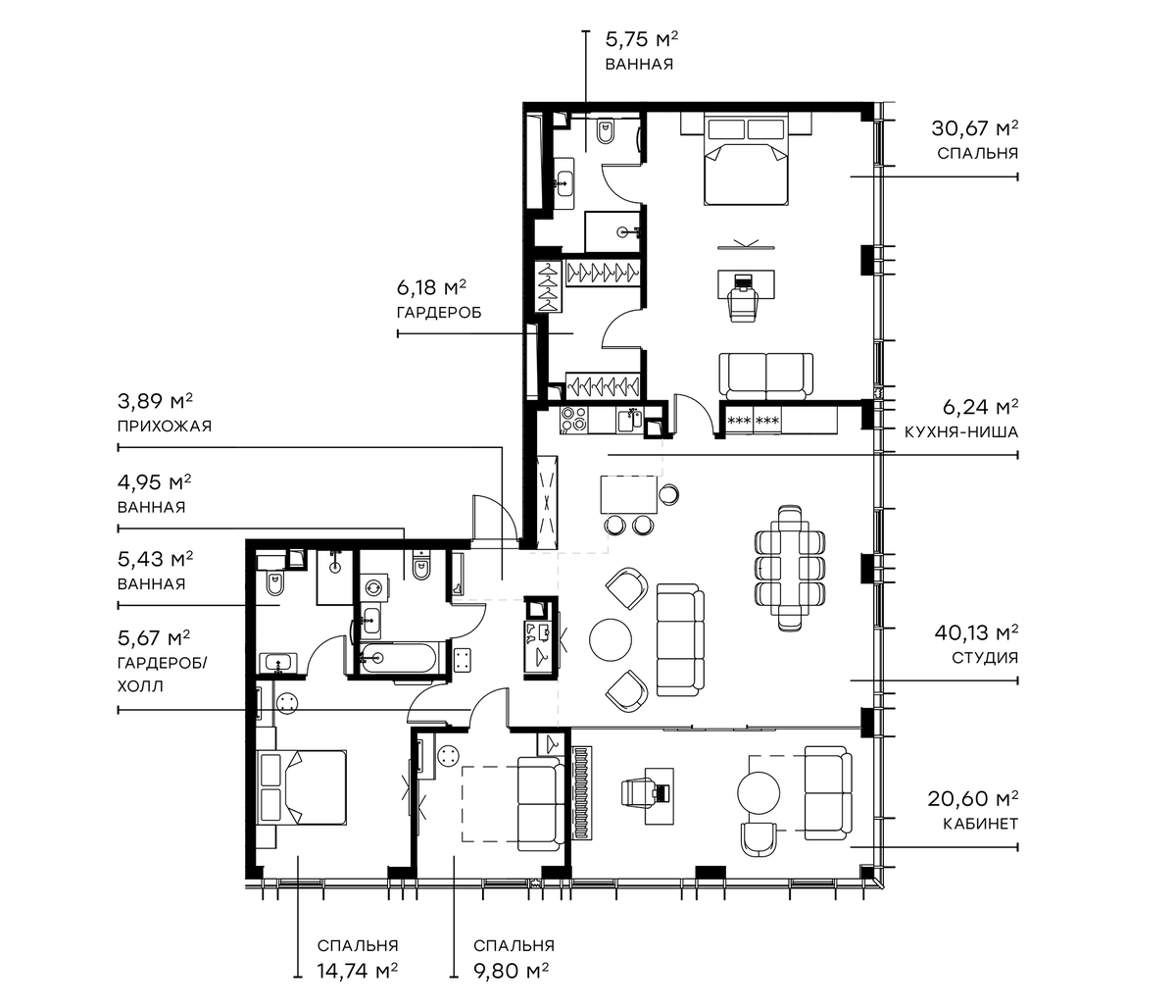 Планировка 5Е-к.кв 154.05 м² в ЖК «Симфония 34», корпус Сильвер