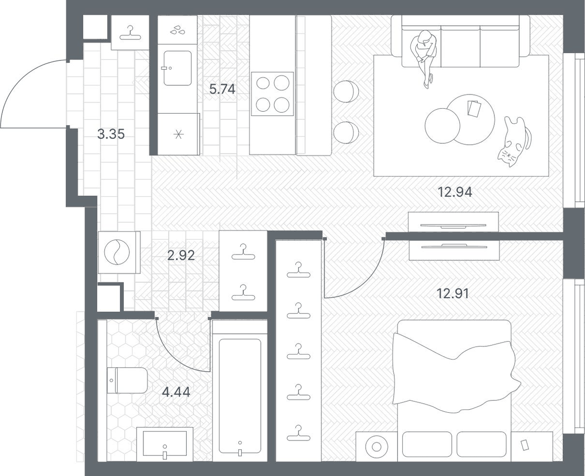 Планировка евродвушка (2Е) 42.3 м² в ЖК «TATE», корпус B