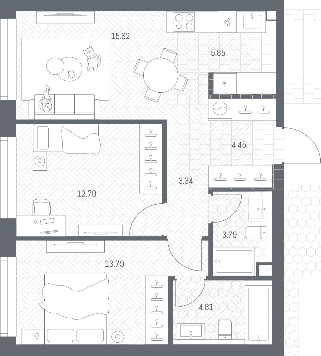 Планировка евротрёшка (3Е) 64.35 м² в ЖК «TATE», корпус B