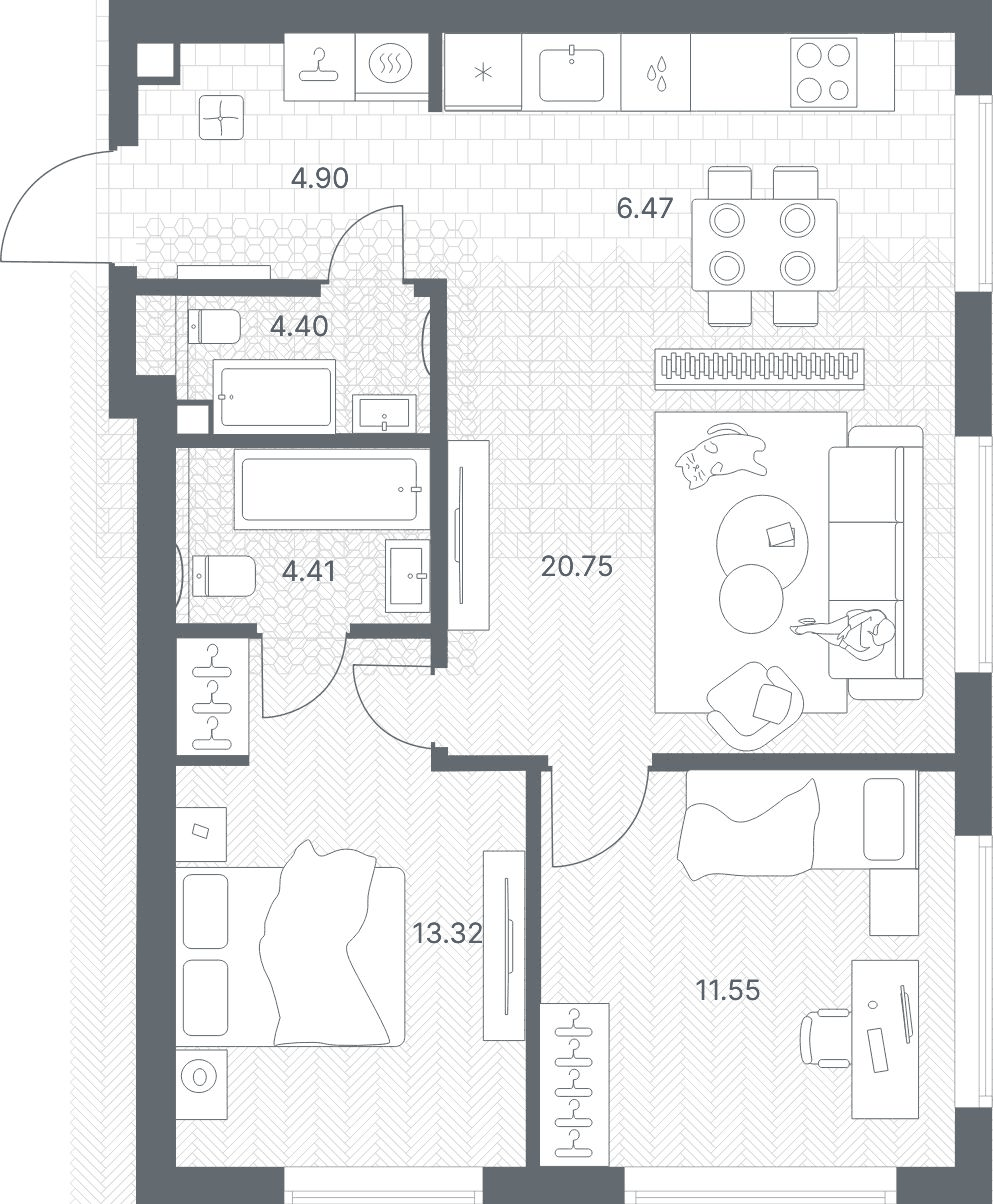 Планировка евротрёшка (3Е) 65.8 м² в ЖК «TATE», корпус B