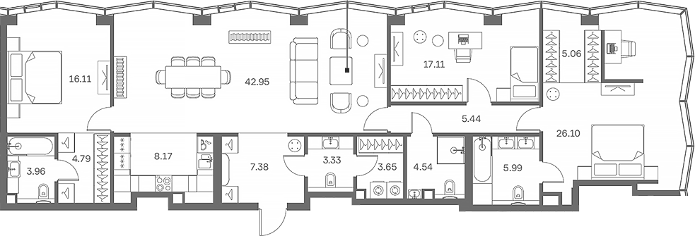 Планировка евро-4 (4Е) 152.95 м² в ЖК «TATE», корпус B