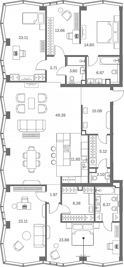 Планировка 5Е-к.кв 206.7 м² в ЖК «TATE», корпус B