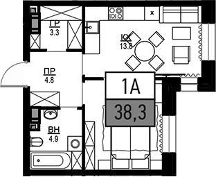 Планировка однокомнатная 38.3 м² в ЖК «Театральный квартал», корпус Дом «Щусев»