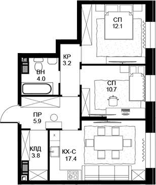 Планировка двухкомнатная 57.1 м² в ЖК «Театральный квартал», корпус Дом «Жолтовский»
