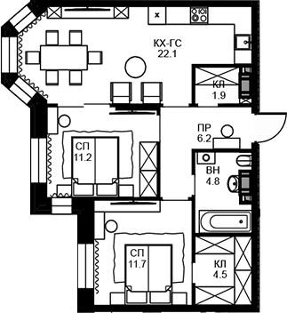 Планировка двухкомнатная 62.4 м² в ЖК «Театральный квартал», корпус Дом «Фомин»