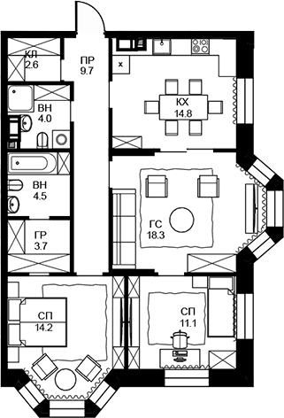 Планировка трёхкомнатная 82.9 м² в ЖК «Театральный квартал», корпус Дом «Фомин»