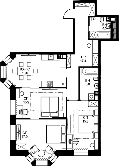 Планировка трёхкомнатная 95 м² в ЖК «Театральный квартал», корпус Дом «Фомин»