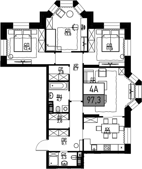 Планировка четырёхкомнатная 97.3 м² в ЖК «Театральный квартал», корпус Дом «Щусев»