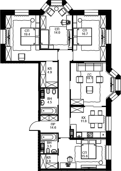 Планировка пятикомнатная 126.7 м² в ЖК «Театральный квартал», корпус Дом «Фомин»
