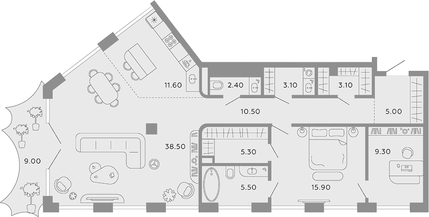 Планировка евродвушка (2Е) 112.9 м² в ЖК «Тессинский, V», корпус Nox