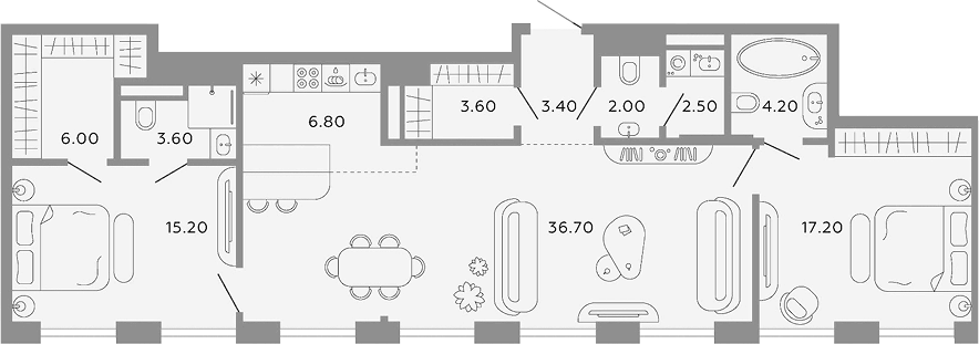 Планировка евротрёшка (3Е) 101.2 м² в ЖК «Тессинский, V», корпус Nox