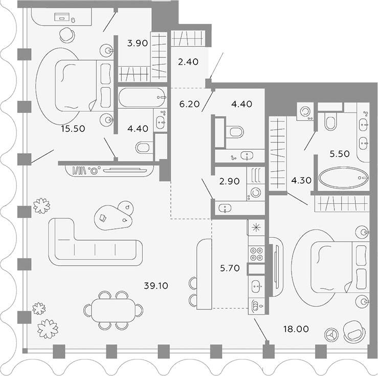 Планировка евротрёшка (3Е) 112.3 м² в ЖК «Тессинский, V», корпус Hespera