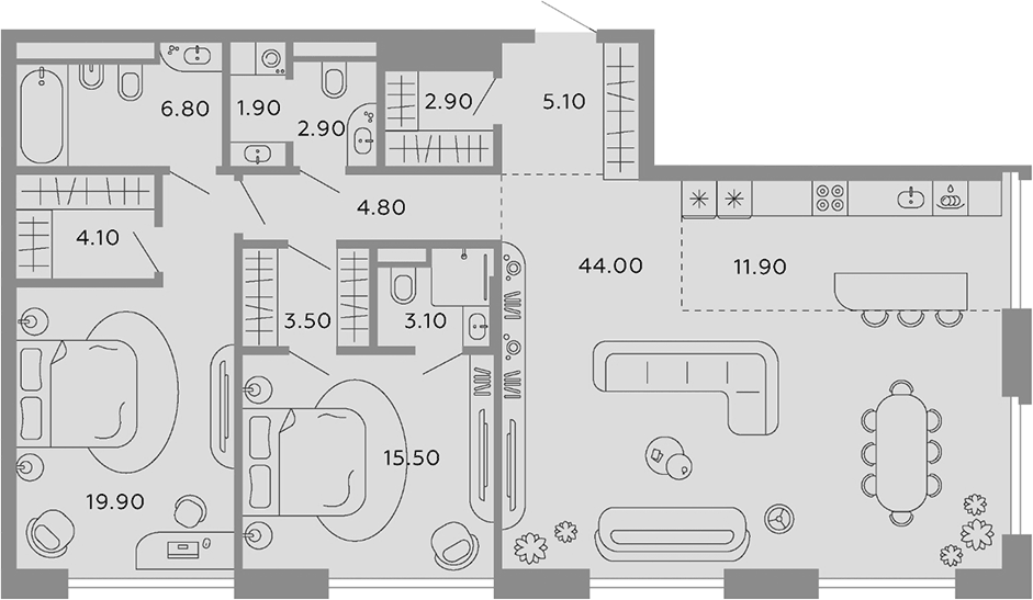 Планировка евротрёшка (3Е) 126.4 м² в ЖК «Тессинский, V», корпус Media