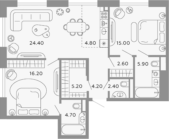 Планировка евротрёшка (3Е) 85.4 м² в ЖК «Тессинский, V», корпус Media