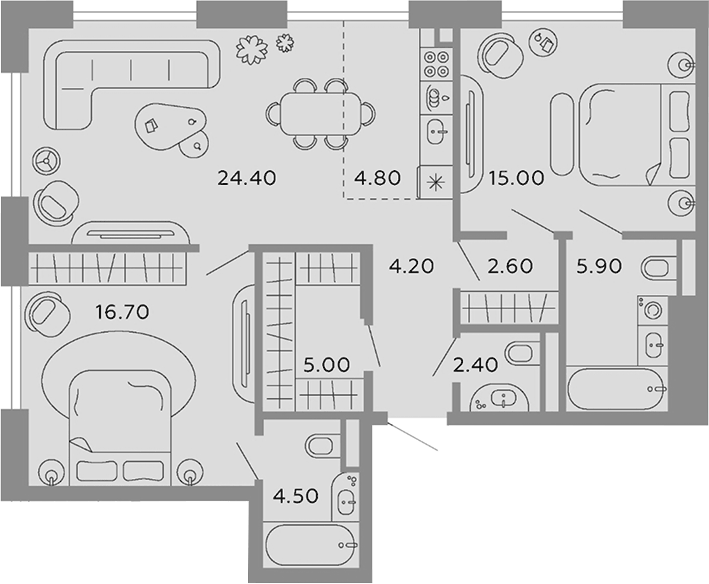 Планировка евротрёшка (3Е) 85.5 м² в ЖК «Тессинский, V», корпус Media